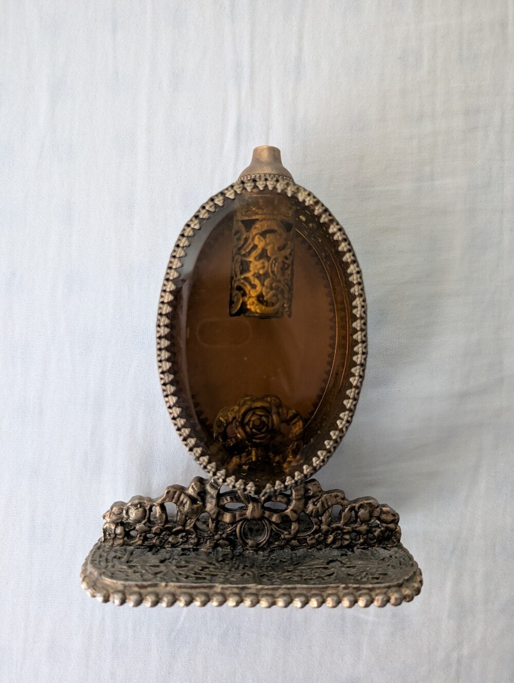 Vtg 40s Ormolu Filigree Beveled Amber Glass Perfume Bottle Hollywood Regency